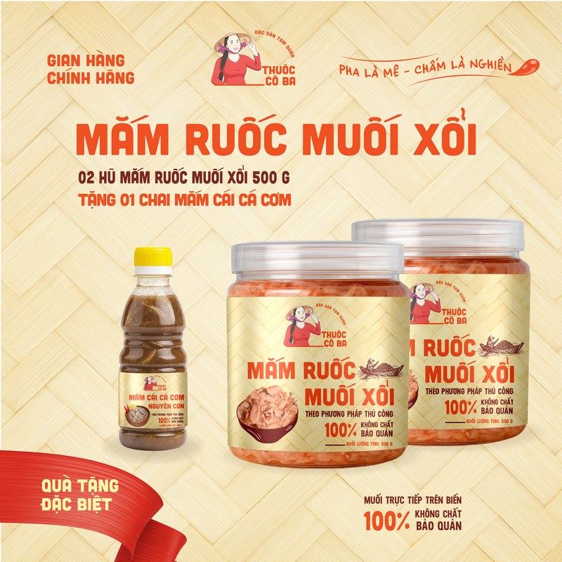Mắm Ruốc Muối Xổi 2 Hũ 500g Tặng 1 Chai Mắm Cái